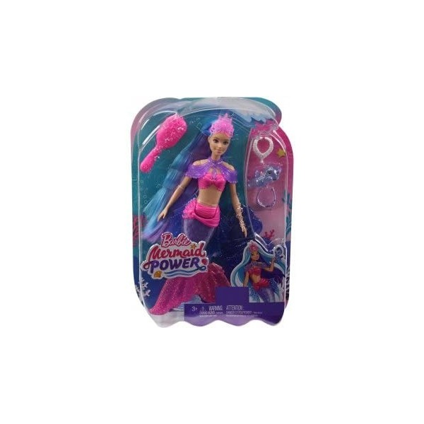 Coffret pour Barbie Poupee Mannequin Sirene Mermaid Power Cheveux Bleu et Violet + Animal + 3 Accessoires - Set poupée + 1 Ca