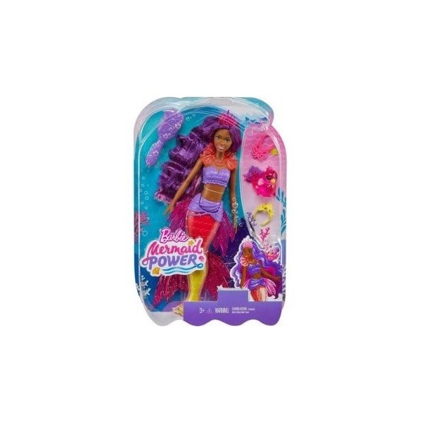 Coffret pour Barbie Poupee Mannequin Sirene Mermaid Power Cheveux Violet + Oiseau + 3 Accessoires - Set poupée + 1 Carte Tigr