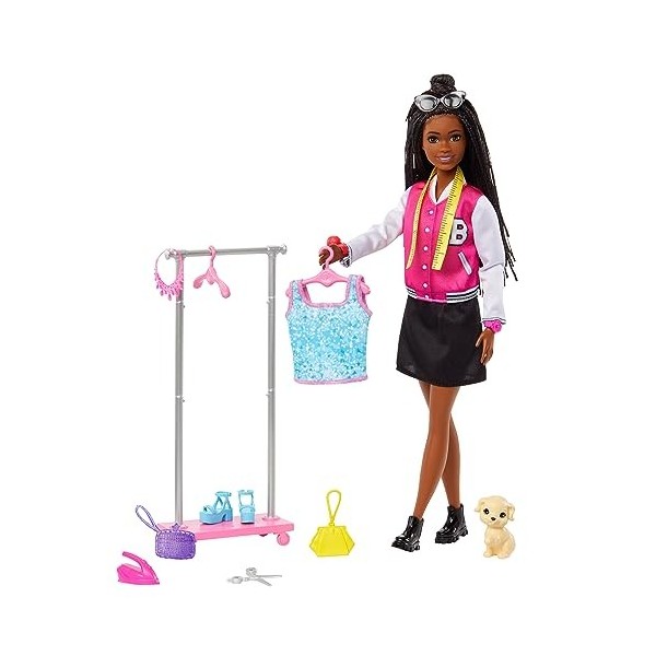 Barbie Coffret de poupée styliste Brooklyn et 14 Accessoires, thème de la Garde-Robe avec Chiot et Porte-vêtements, HNK96
