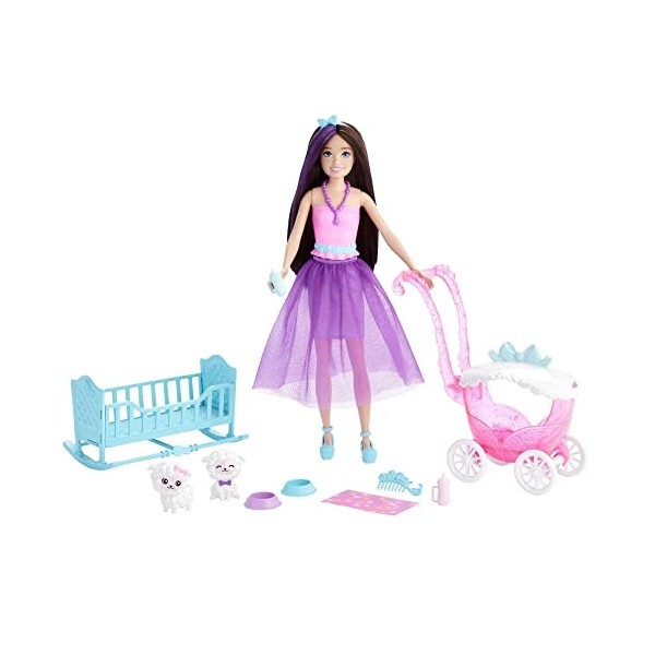 Barbie Coffret Poupée Brune Skipper Au Look Féerique Avec Ses 2 Agneaux, Poussette, Berceau Et Autres Accessoires Inclus, Jou