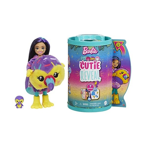 Barbie Poupée Mannequin Chelsea Cutie Reveal Série Jungle avec costume de toucan en peluche et 7 surprises avec changement de