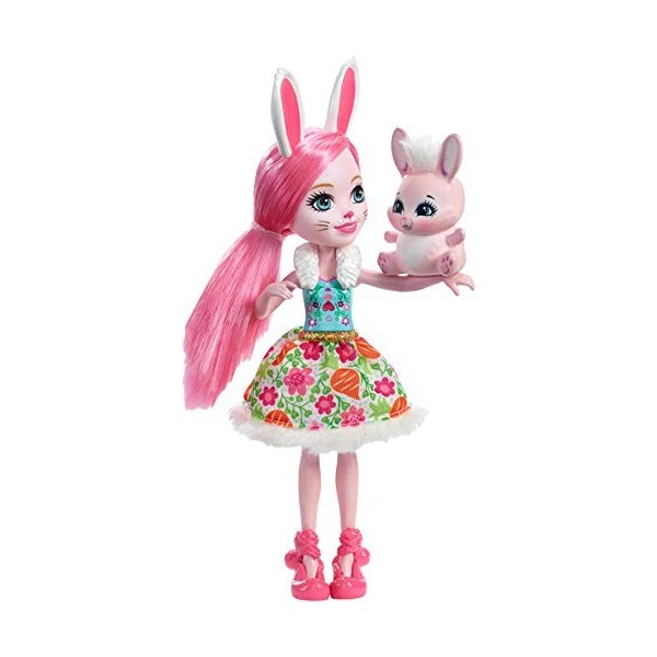 Enchantimals Mini-poupée Bree Lapin et Figurine Animale Twist, aux cheveux roses avec jupe à motifs en tissu, jouet enfant, D