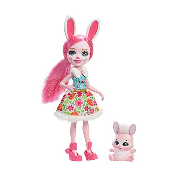 Enchantimals Mini-poupée Bree Lapin et Figurine Animale Twist, aux cheveux roses avec jupe à motifs en tissu, jouet enfant, D