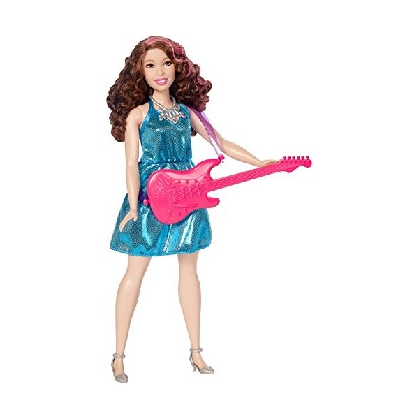Barbie Métiers poupée pop star, musicienne brune avec robe bleue et guitare électrique rose, jouet pour enfant, DVF52