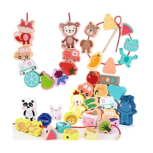 Toyssa 57 Pièces Billes de Laçage Perles en Bois Perles de Animaux Jouet Billes de Laçage pour Enfants Jouet Montessori Jouet