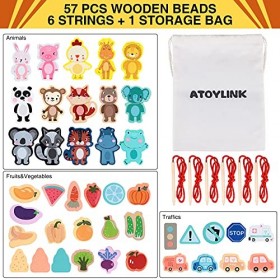 Toyssa 57 Pièces Billes de Laçage Perles en Bois Perles de Animaux Jouet Billes de Laçage pour Enfants Jouet Montessori Jouet