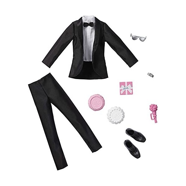 Mattel - Barbie Ken Fashion 2-Pack, Groom Outfit for Ken Doll with Tuxedo, Shoes, Watch, Gift, Wedding Cake with Tray & Bouqu