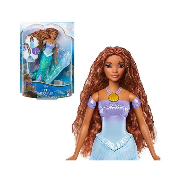 Disney La Petite Sirène Poupée Ariel 2 en 1 Transformable en Humaine Ou Sirène en Appuyant sur Son Pendentif Coquillage, À Co
