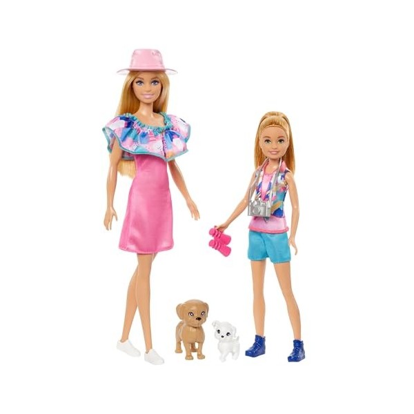 Barbie Coffret Poupée Avec Petite Soeur Stacie Et 2 Chiots, Vêtements Et Accessoires Été, Cheveux Blonds Et Yeux Bleux, Jouet