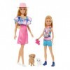 Barbie Coffret Poupée Avec Petite Soeur Stacie Et 2 Chiots, Vêtements Et Accessoires Été, Cheveux Blonds Et Yeux Bleux, Jouet