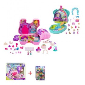 Polly Pocket Lot Coffret Licorne en Fête GVL88 + Mini-Univers Coffret Anniversaire Chiot HKV30 , Figurines Polly Et Lila, 