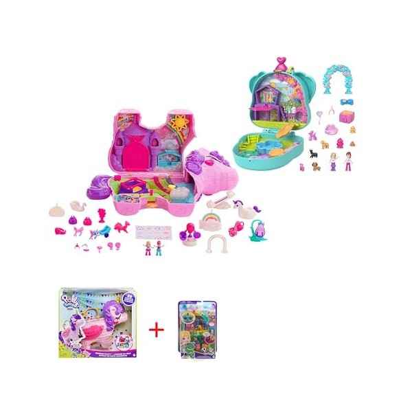 Polly Pocket Lot Coffret Licorne en Fête GVL88 + Mini-Univers Coffret Anniversaire Chiot HKV30 , Figurines Polly Et Lila, 