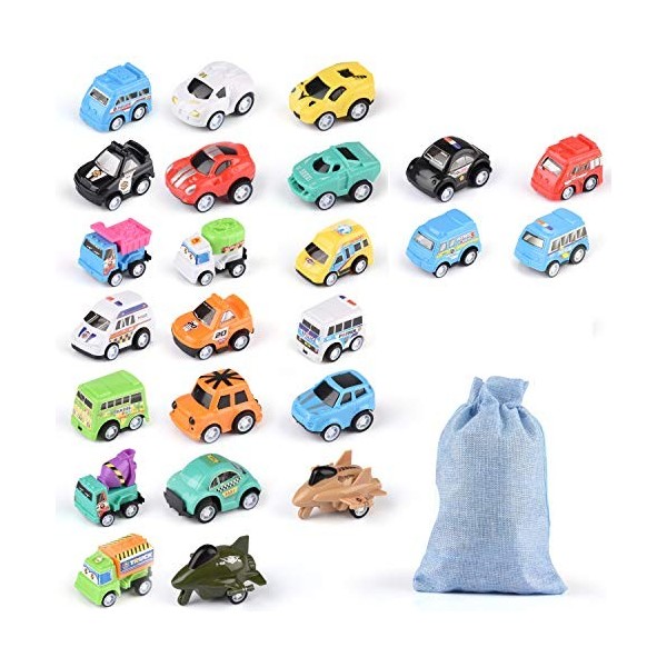 Herefun 24 Pièces Pull Back Voiture Jouets Véhicules à Friction, Mini Voiture Moulée sous Pression avec Sac de Rangement, Enf