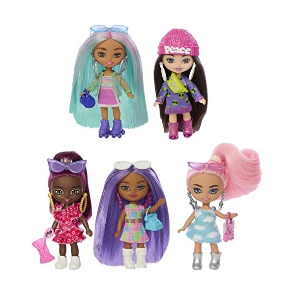 Barbie Coffret Poupées Mannequins avec 5 Mini Extra Au Style Unique, Taille 8,3 Cm Chacune, avec Socle Et Accessoires, Jouet 