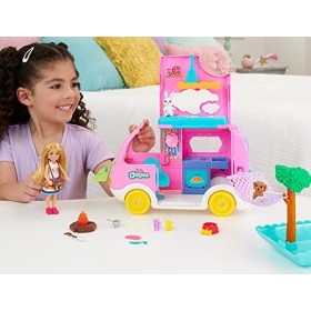 Barbie Coffret Poupée Mannequin Camping-Car 2 En 1 Chelsea Avec 2 Animaux, Véhicule Transformable En Campement, 15 Accessoire