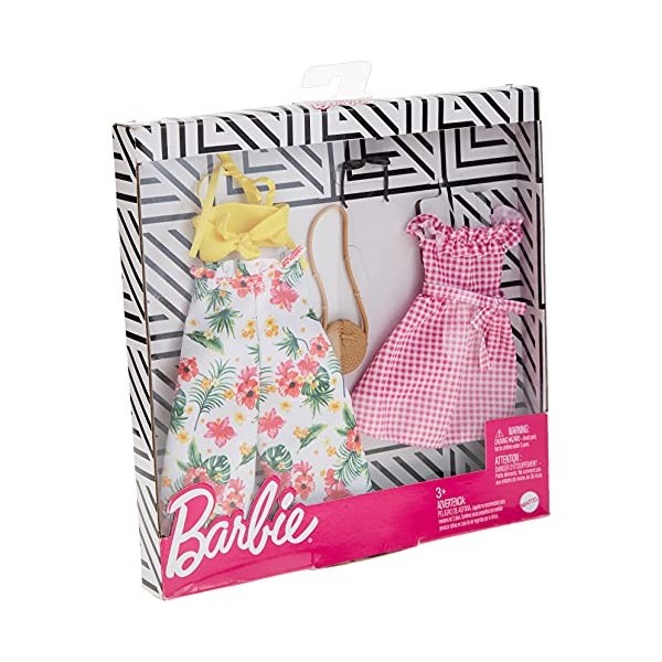 Barbie Fashionistas Kit vêtements, 2 tenues pour poupée dont pantalon évasé à fleurs, bandeau, robe vichy rose et accesssoire