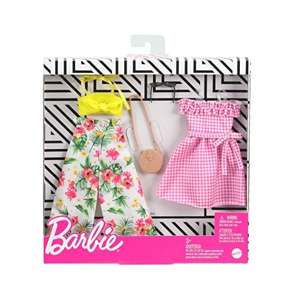 Barbie Fashionistas Kit vêtements, 2 tenues pour poupée dont pantalon évasé à fleurs, bandeau, robe vichy rose et accesssoire