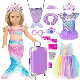 ebuddy Lot de 25 vêtements de poupée sirène de 45,7 cm et accessoires de poupée comprenant valise, robes, sac, appareil photo