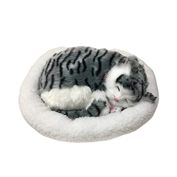 HOHXFYP Chat Endormi sur Un Coussin, Jouet en Peluche pour Chat/Chien avec Tapis, Chat Respirant À Piles sur Coussin, Poupée 