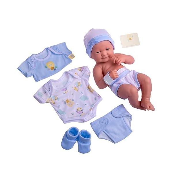 JC TOYS - Poupée La Newborn Nouveau-né de 38 cm en Vinyle Souple, avec vêtements et 8 Accessoires, Bleu, conçu en Espagne par