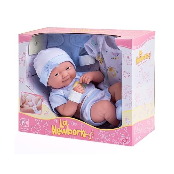 JC TOYS - Poupée La Newborn Nouveau-né de 38 cm en Vinyle Souple, avec vêtements et 8 Accessoires, Bleu, conçu en Espagne par