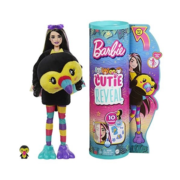 Barbie Poupée Cutie Reveal Série Jungle, poupée mannequin avec costume de toucan en peluche, 10 surprises et changement de co