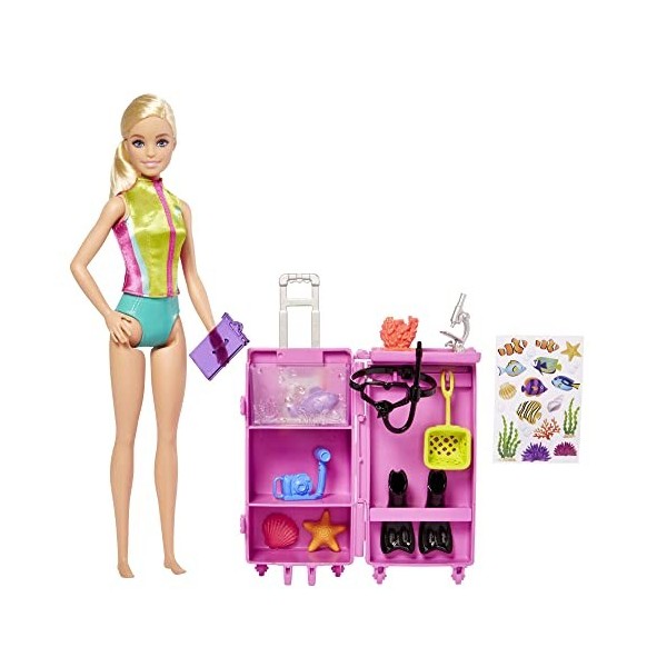 Barbie Coffret Plongeuse, poupée Blonde et Coffret Laboratoire Mobile, Plus de 10 Accessoires, avec Valise Qui s’ouvre pour R