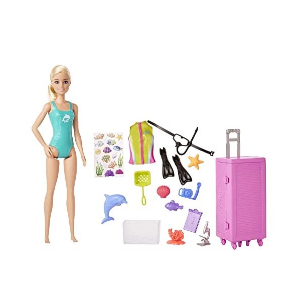 Barbie Coffret Plongeuse, poupée Blonde et Coffret Laboratoire Mobile, Plus de 10 Accessoires, avec Valise Qui s’ouvre pour R