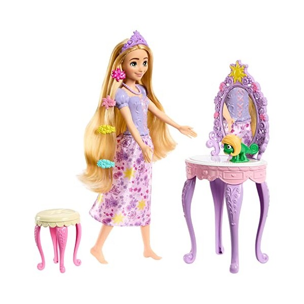 Disney Princess Coffret avec Poupée Raiponce Inspiré par Le Dessin Animé, Coiffeuse Violet Et Rose Et 10 Accessoires, Figurin