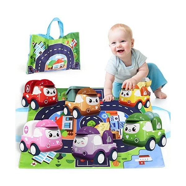 Norkbeng Jouet Camion Voiture Bébé 1 2 3 an Garçon,3 Pièces Push and Go Cars avec Tapis de Carte et Sacs de Rangement,Cadeau 