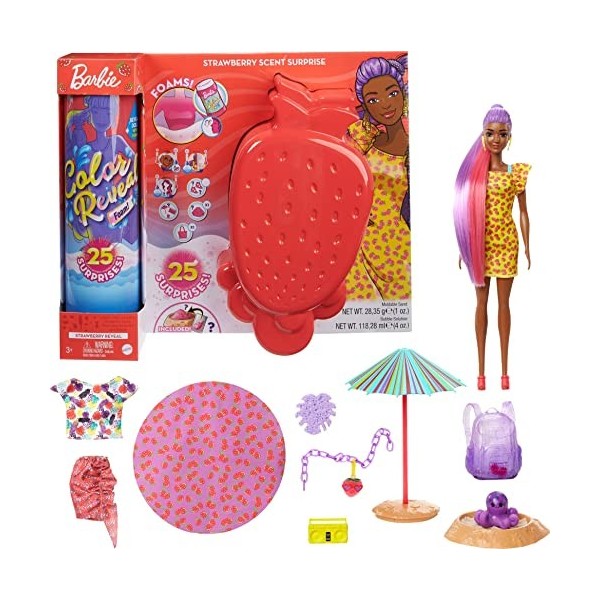 Barbie Color Reveal avec Mousse parfumée, poupée et animal avec 25 éléments mystère dont 19 sachets surprise, Thème Fraise, j