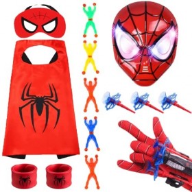 Pusuanzi Masque et Capes de Super-Héros avec Gant Lanceur Spiderman, LED Masque, Bracelet Spiderheroman, Bonhomme Collant, Sp
