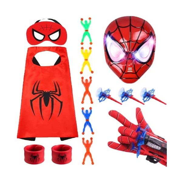 Pusuanzi Masque et Capes de Super-Héros avec Gant Lanceur Spiderman, LED  Masque, Bracelet Spiderheroman, Bonhomme Collant, Sp