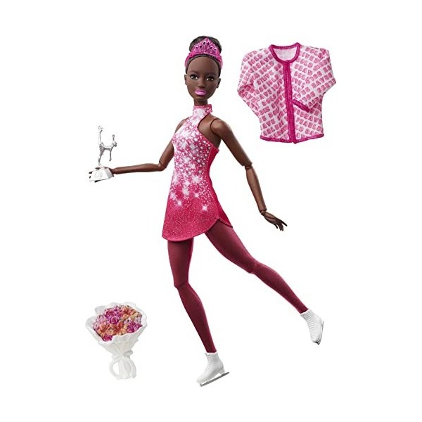 Barbie HCN31 Poupée Patineuse Artistique pour Sports dhiver 30 cm avec Robe Rose, Veste, Bouquet de Roses et trophée, pour