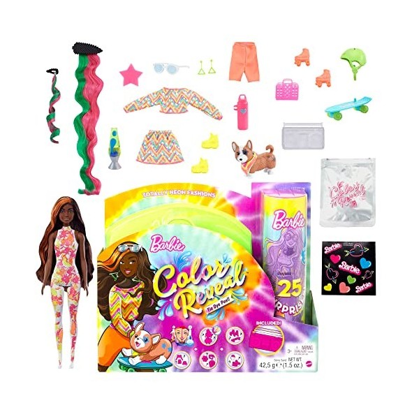 Barbie Color Reveal Fluo Poupée Mannequin Brune avec Mèches Orange, Vêtements et 25 surprises avec changement de couleur, Jou