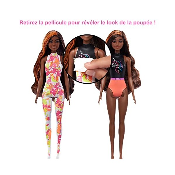 Barbie Color Reveal Fluo Poupée Mannequin Brune avec Mèches Orange, Vêtements et 25 surprises avec changement de couleur, Jou