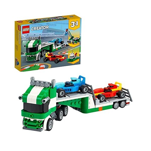 LEGO 31113 Creator 3-en-1 Le Transporteur de Voitures de Course, Jeu de Construction, Camion avec Remorque, Grue et Remorqueu