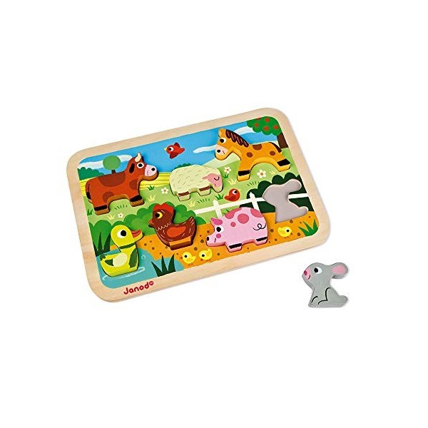 Janod - Chunky Puzzle en Bois Animaux de la Ferme - 7 pièces - Développement Motricité Fine et Concentration - Dès 18 Mois, J