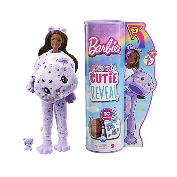 Barbie Poupée Mannequin Cutie Reveal avec costume d’ours en peluche en tissu moelleux et 10 surprises, Jouet Enfant, Dès 3 an