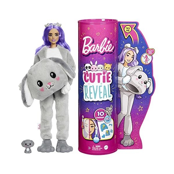 Barbie Cutie Reveal Poupée avec costume de chiot en tissu moelleux, surprises, dont un mini-animal de compagnie et des élémen