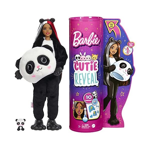 Barbie Cutie Reveal Poupée avec costume de chiot en tissu moelleux, surprises, dont un mini-animal de compagnie et des élémen