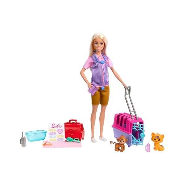 Barbie Coffret Métiers Sauvetage D’Animaux Avec Poupée Blonde Et 2 Bébés Tigre Et Singe, 12 Accessoires Dont Cage De Transpor