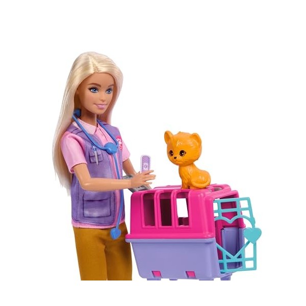 Barbie Coffret Métiers Sauvetage D’Animaux Avec Poupée Blonde Et 2 Bébés Tigre Et Singe, 12 Accessoires Dont Cage De Transpor