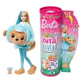 Barbie Coffret Cutie Reveal Avec Poupée Articulée Blonde Et Mèche Bleue, Ourson Dauphin, 10 Surprises Et Accessoires Inclus, 