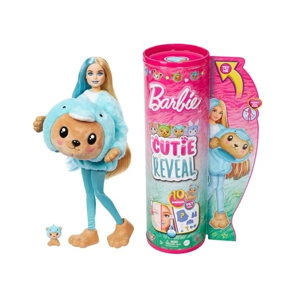 Barbie Coffret Cutie Reveal Avec Poupée Articulée Blonde Et Mèche Bleue, Ourson Dauphin, 10 Surprises Et Accessoires Inclus, 