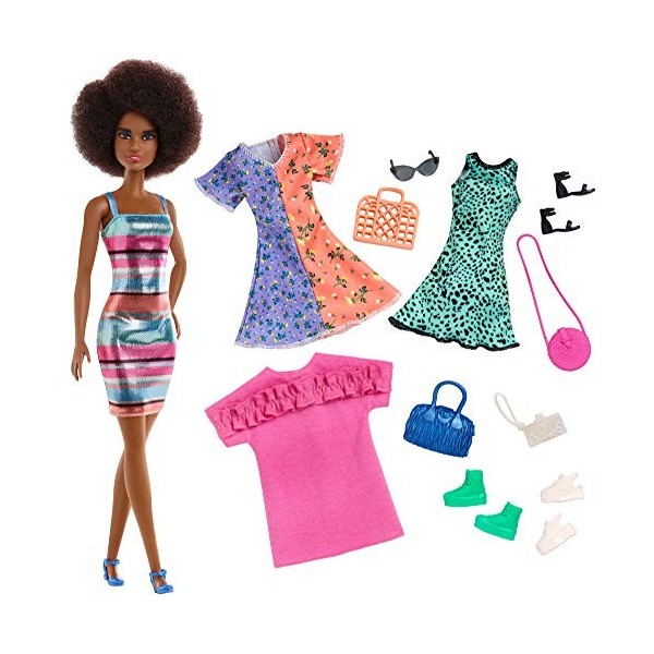 Barbie poupée brune avec vêtements et accessoires, 4 tenues complètes, jouet pour enfant, GHT32