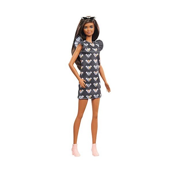 Barbie Fashionistas poupée mannequin 140 aux longs cheveux bruns et avec une robe à Imprimé souris, jouet pour enfant, GHW54