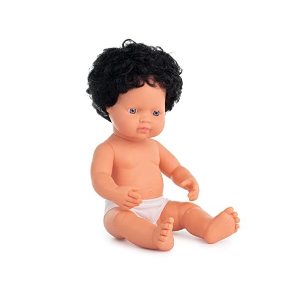 Miniland Baby Doll 31231 Poupée caucasienne en Cheveux bouclés Noir 38 cm dans Un Sac en Plastique sans sous-vêtements