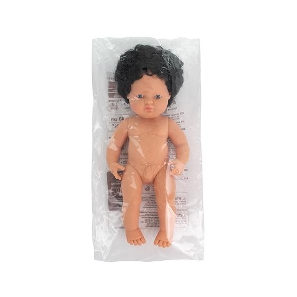 Miniland Baby Doll 31231 Poupée caucasienne en Cheveux bouclés Noir 38 cm dans Un Sac en Plastique sans sous-vêtements