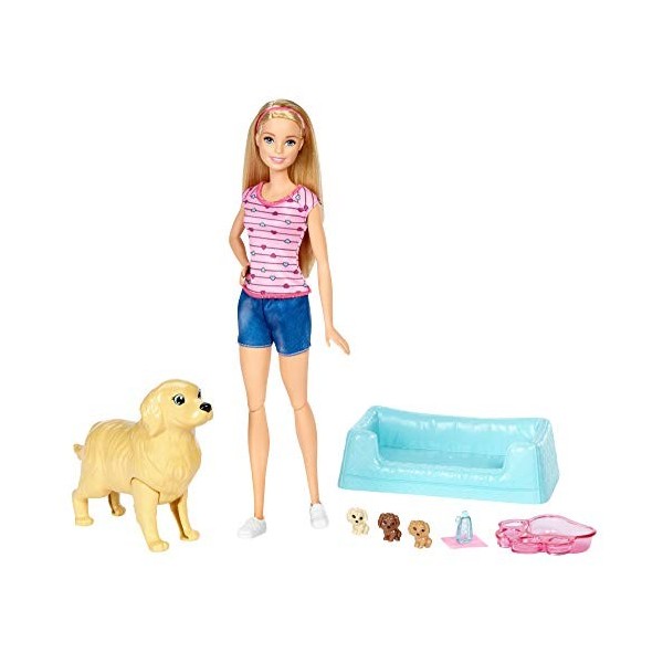 Barbie Famille poupée blonde Naissance des Chiots avec chien articulé, trois figurines et accessoires, jouet pour enfant, FDD